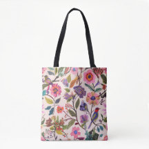 Bolsa Tote Colorida com Padrão Floral e de Pássaro