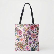 Bolsa Tote Colorida com Padrão Floral e de Pássaro