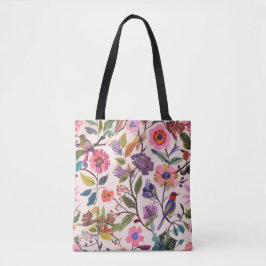 Bolsa Tote Colorida com Padrão Floral e de Pássaro