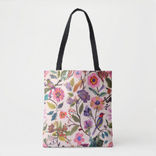 Bolsa Tote Colorida com Padrão Floral e de Pássaro