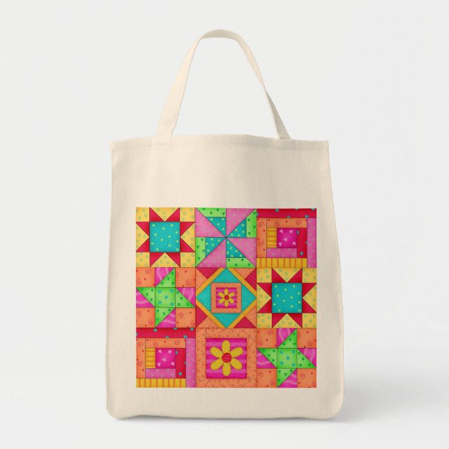 Bolsa Tote Colorida Patchwork Quilt Art Grocery (Frente)