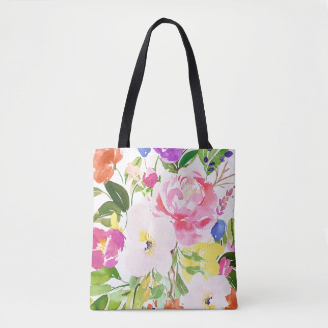 Bolsa Tote Colorida Watercolor Primavera Blooms Floral (Frente)