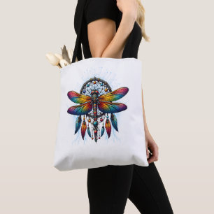 Bolsa Tote Colorido Dreamcatcher de Libélula Psicodélico Boho