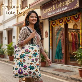 Bolsa Tote Colorido Elefante Diwali & Padrão Personalizado Di