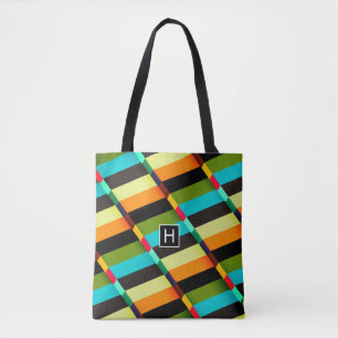 Bolsa Tote Colorido Moderno Abstrato Listras e Monograma
