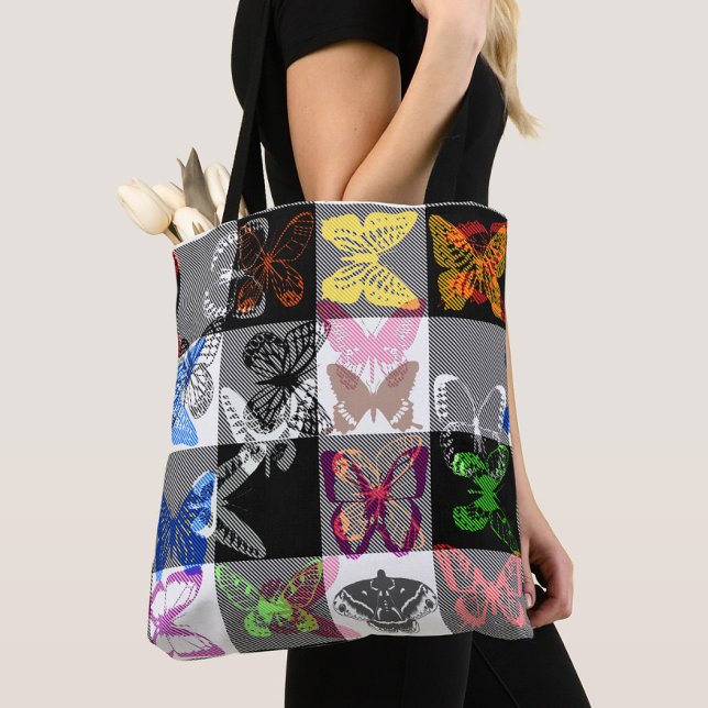 Bolsa Tote Colourful Butterfly Plaid Tartan Check Design  (Criador carregado)