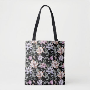 Bolsa Tote Columbina Exótica: Negra Floral Watercolor.