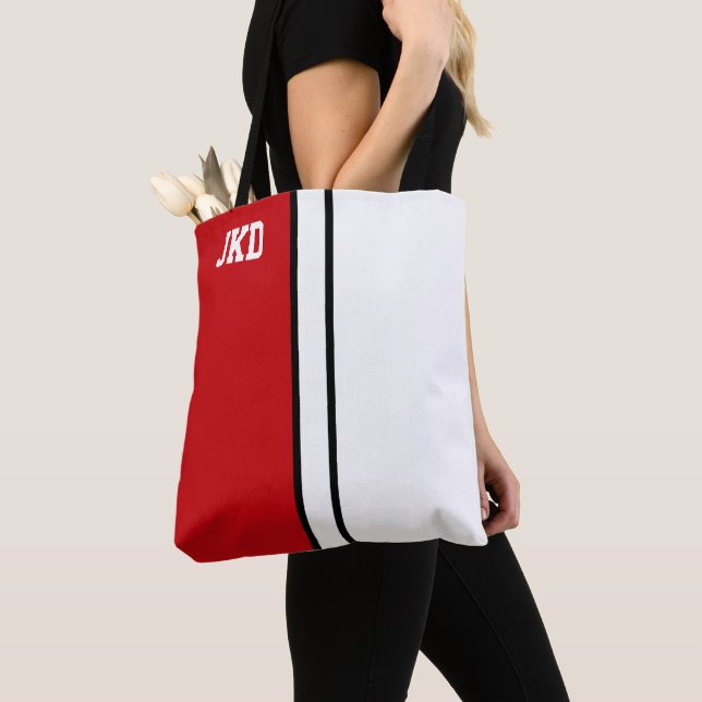 Bolsa Tote Colunas Vermelhas e Branco Monograma (Close Up)