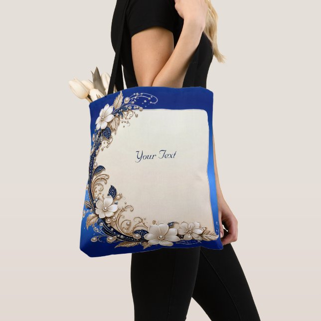 Bolsa Tote com Enfeite Floral Azul Branco (Close Up)