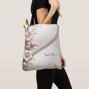 Bolsa Tote com Enfeites Florais e Pérolas