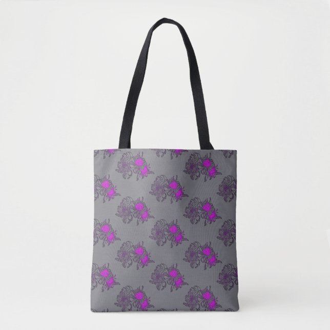 Bolsa Tote com Estampa Floral Roxa Cinza (Frente)