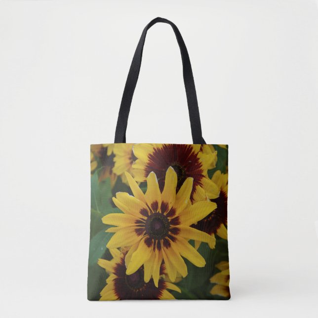 Bolsa tote com flores amarelas castanhas por todo  (Frente)