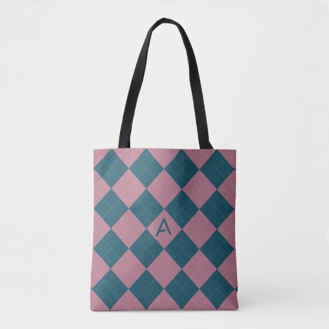 Bolsa tote com monograma em padrão argyle azul oce (Frente)