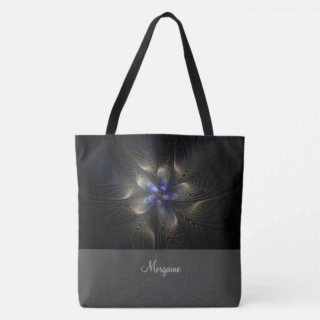 Bolsa Tote com Monograma Fractal Abstrato Chic (Frente)