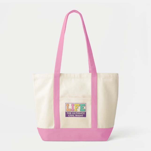Bolsa tote com uma mensagem pró-vida. (Frente)