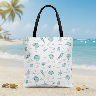 Bolsa Tote Conchas Estrelas-do-Mar Sol Diversão Texto Azul-cl