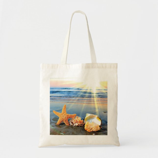 Bolsa Tote Conchas marítimas e estrelas-do-mar na praia (Frente)