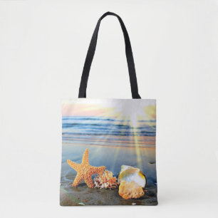 Bolsa Tote Conchas marítimas e estrelas-do-mar na praia