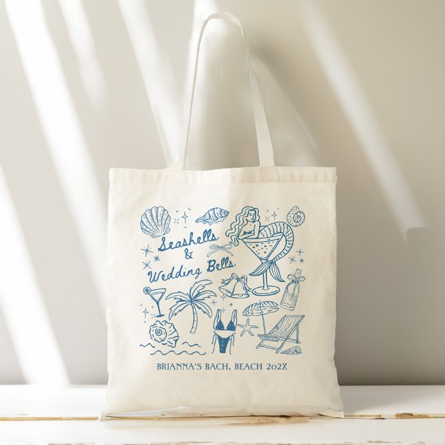 Bolsa Tote Conchas sinos de casamento presentes de madrinhas  (Seashells wedding bells mermaid bachelorette party personalized bridesmaids gifts custom tote bag)