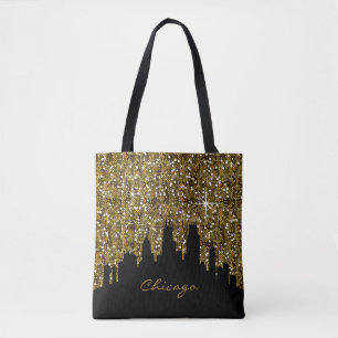 Bolsa Tote Confetti Glitter Chicago Skyline, preto e Dourado