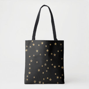 Bolsa Tote Confetti ouro astros brilham brilhando preto elega