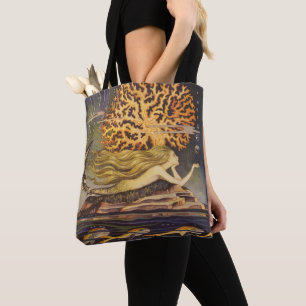 Bolsa Tote Conto de Fadas Vintage, Pequena Sereia em Coral Oc