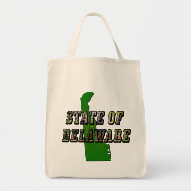 Bolsa Tote Contorno de Texto e Mapa do Estado de Delaware (Frente)