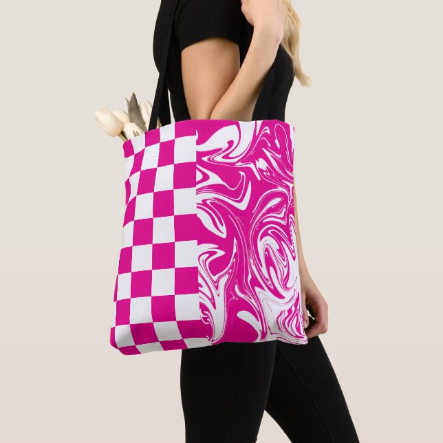Bolsa Tote Controlos e picos em magenta e branco (Close Up)