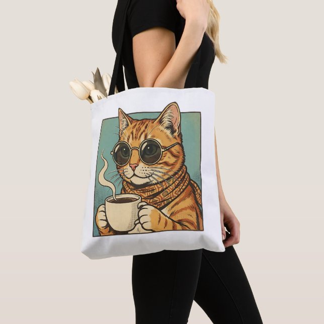 Bolsa Tote Cool Cat Coffee Retro Style Design for Cat Lovers (Close Up)