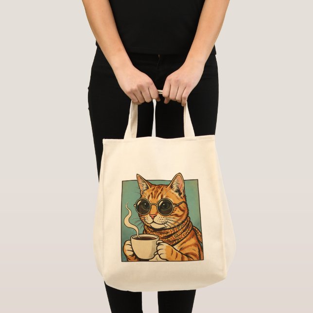 Bolsa Tote Cool Cat Coffee Retro Style Design for Cat Lovers (Frente (produto))
