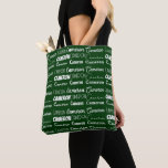 Bolsa Tote Cool Green Customized Name Collage<br><div class="desc">A cool personalized green allover tote bag gift for decorated in nine different fonts spelling your name in white typography. Cute customizable present for with fun cursive script.</div>