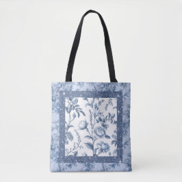 Bolsa Tote Cor azul e branca com padrão floral delicado