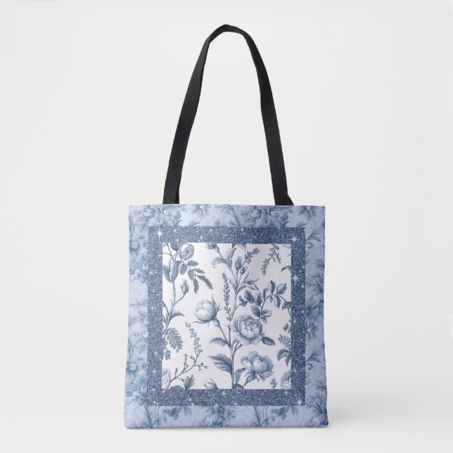 Bolsa Tote Cor azul e branca com padrão floral delicado (Frente)