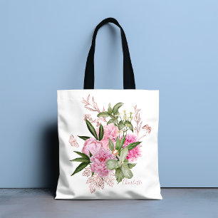 Bolsa Tote Cor d'água rosa Peonias Rosa Dourado Nome da Borbo