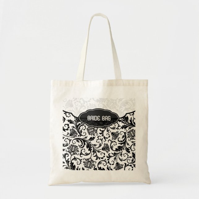 Bolsa Tote Cor damasco Floral Preta e Branca - Monograma (Frente)