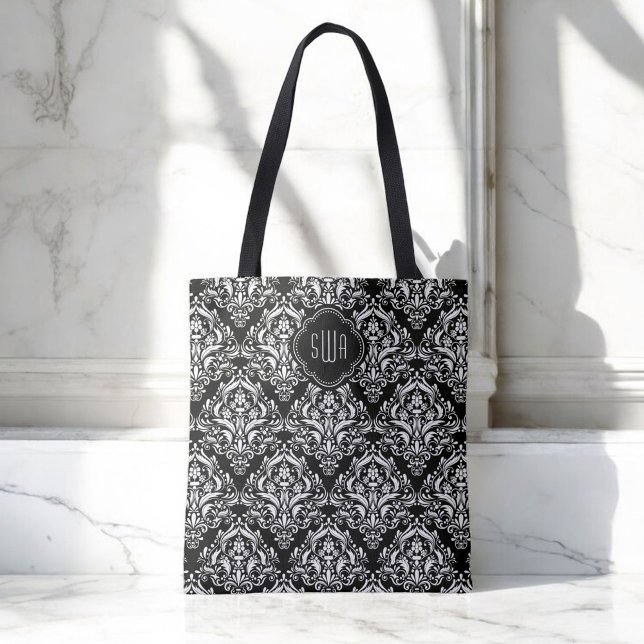 Bolsa Tote Cor damasco Preta e Branca com Monograma (Personalize this elegant tote with your monogram initials.)