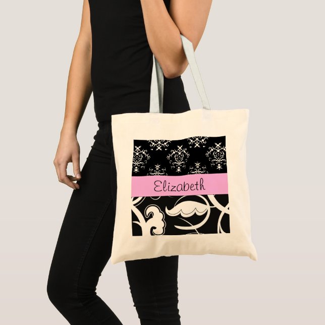 Bolsa Tote Cor damasco, preto e branco Damasco, seu nome (Frente (produto))