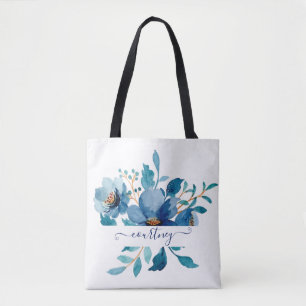 Bolsa Tote Cor de água azul brilhante personalizada floral 