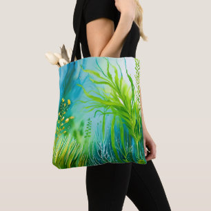 BOLSA TOTE COR DE ÁGUA AZUL E VERDE, ASSENTADA COM ALGAS
