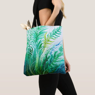 BOLSA TOTE COR DE ÁGUA AZUL E VERDE, ASSENTADA COM ALGAS