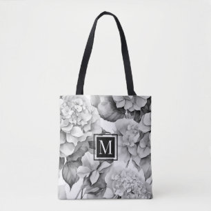 Bolsa Tote Cor de água floral negra da cinza branca Elegante