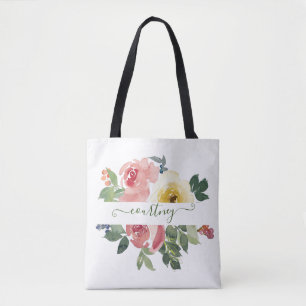 Bolsa Tote Cor de água rosa e amarela, floral personalizado