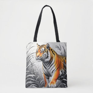 Bolsa Tote Cor de Arte Tigre Desenho Branco Parcial Preto