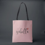Bolsa Tote Cor-de-rosa do nome do script do Bridesmaid person<br><div class="desc">Um saco de tote rosa moderno,  chic,  com o nome da escrita preta e o coração que é perfeito para uma proposta de dama de honra. Suas madrinhas podem encher sua bolsa com essências para viagens de festa de solteira,  ou para o essencial para trazer na manhã do casamento.</div>