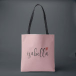 Bolsa Tote Cor-de-rosa do nome do script do Bridesmaid person<br><div class="desc">Um saco de tote rosa moderno,  chic,  com o nome da escrita preta e o coração que é perfeito para uma proposta de dama de honra. Suas madrinhas podem encher sua bolsa com essências para viagens de festa de solteira,  ou para o essencial para trazer na manhã do casamento.</div>