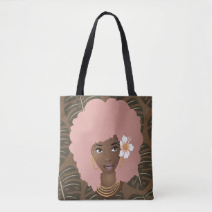 Bolsa Tote Cor-de-rosa, flor no cabelo, padrão de folhas tro