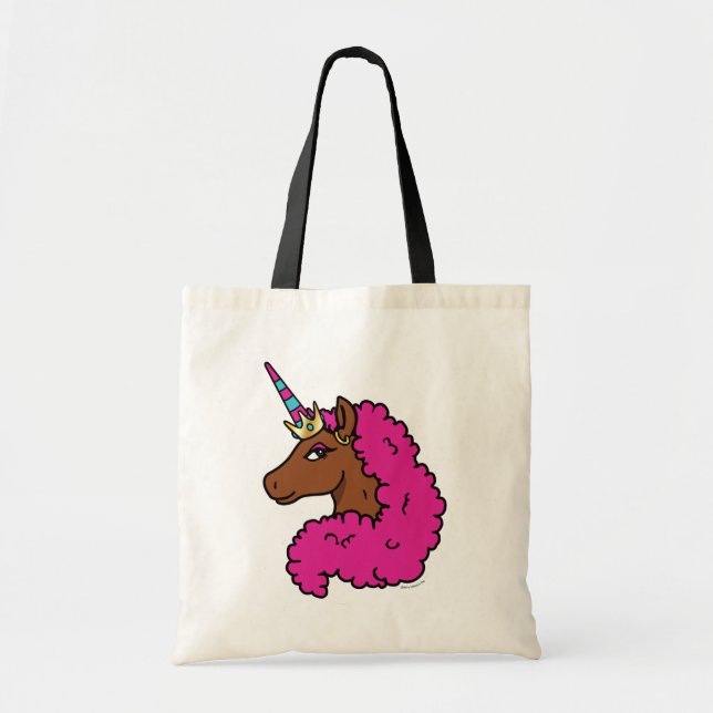 Bolsa Tote Cor-de-rosa quente afro Unicorn (Frente)