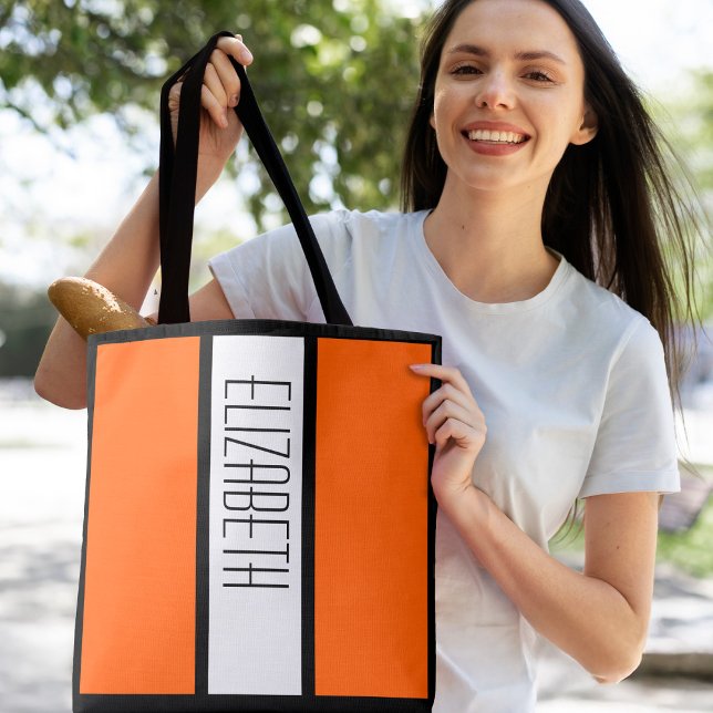 Bolsa Tote Cor Moderna Bloco Personalizado Monograma Laranja (Modern Color Block Personalized Monogram Orange Tote Bag)