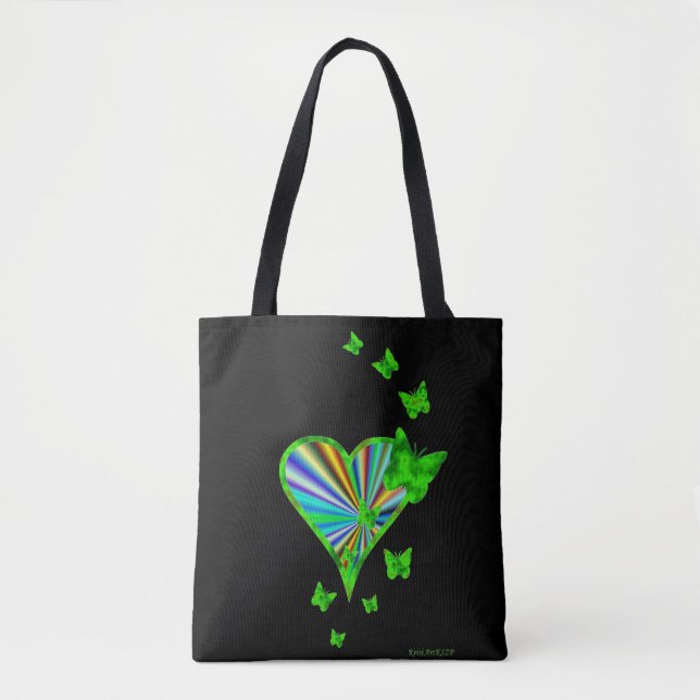 Bolsa Tote Coração arco-íris e borboleta a preto (Frente)