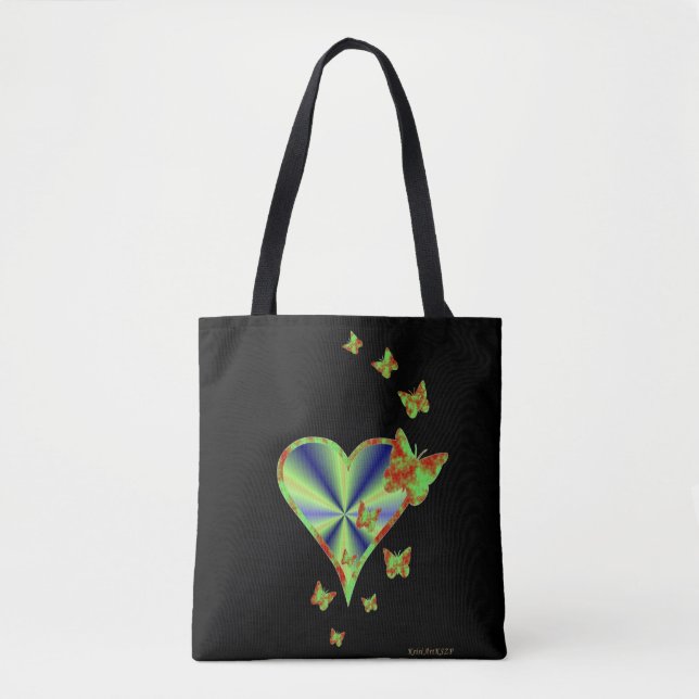 Bolsa Tote Coração arco-íris e borboleta a preto (Frente)